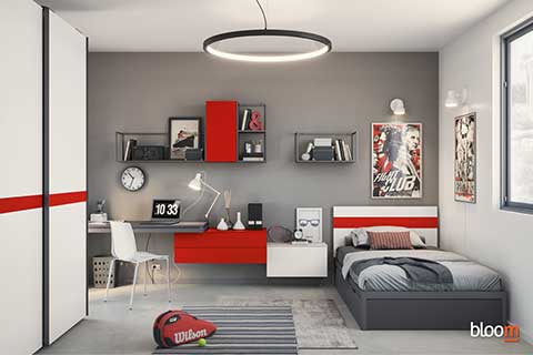 Armadio scorrevole, letto con contenitori estraibili e zona studio