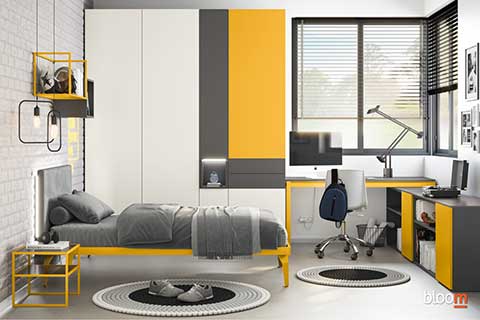 Armadio battente con letto a terra e zona studio