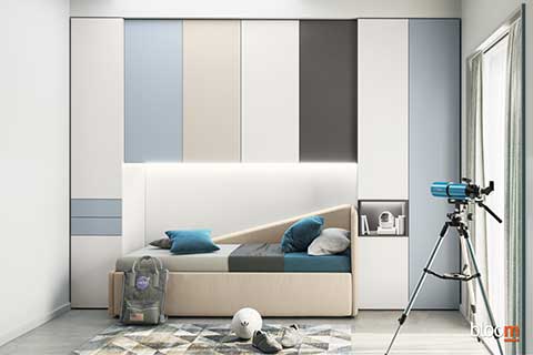 Armadio a ponte, Divano letto, divano imbottito, divano con secondo letto e zona studio attrezzata